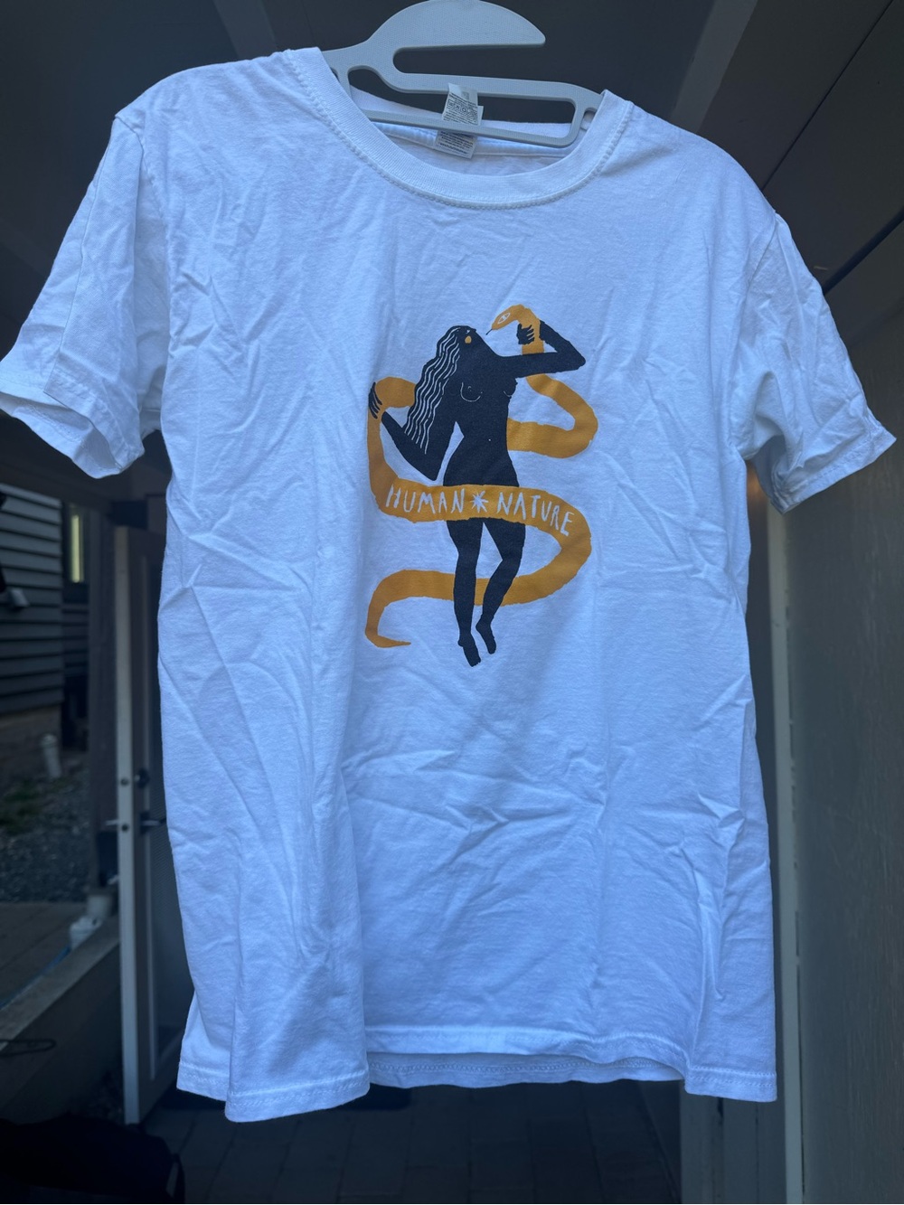 White Short Sleeve Tee with Black & Yellow Goddess / Snake Graphic